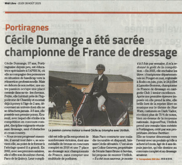 Cécile Dumange a été sacrée championne de France de dressage